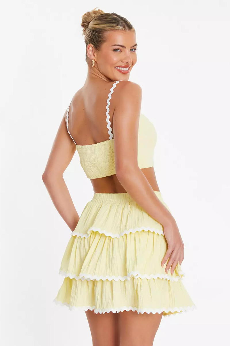 Wavy Straps Crop Top Tiered Mini Skirt Matching Set-Yellow