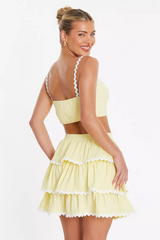 Wavy Straps Crop Top Tiered Mini Skirt Matching Set-Yellow