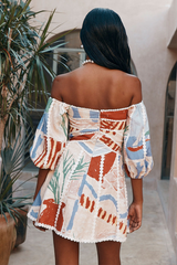 Painting Print Off Shoulder Puff Sleeve A-Line Mini Dresses-Beige