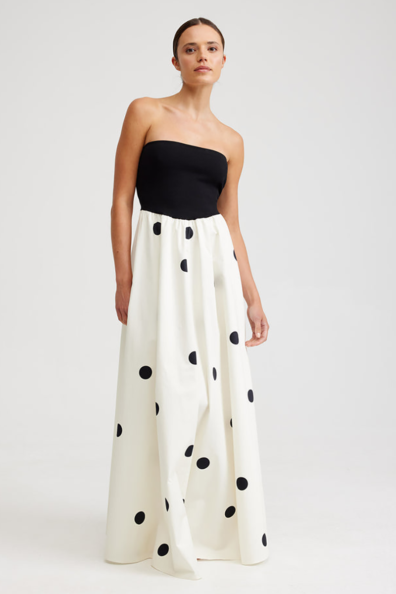 Strapless Colorblock Polka Dot Print A-Line Maxi Dresses-Black