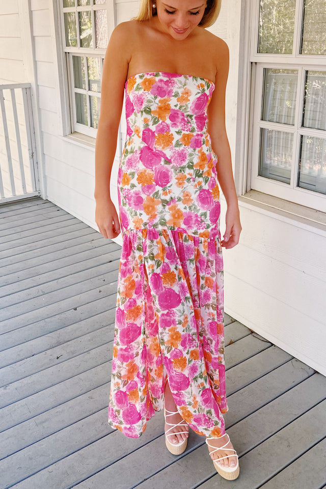 Floral Print Strapless Slit Side Flowy Maxi Dresses-Pink