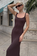 U Neck Slim Fit Knit Pleated Maxi Tank Dresses-Brown