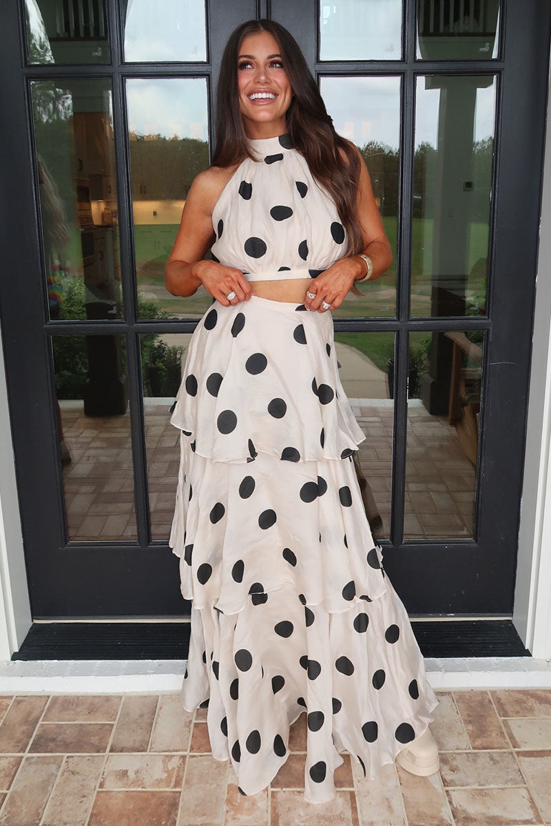 High Neck Crop Top Layered Maxi Skirt Polka Dot 2pcs Set-White