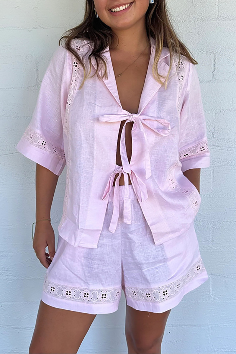 Half Sleeve Tie Up Blouse Hollow Out Shorts Matching Set-White