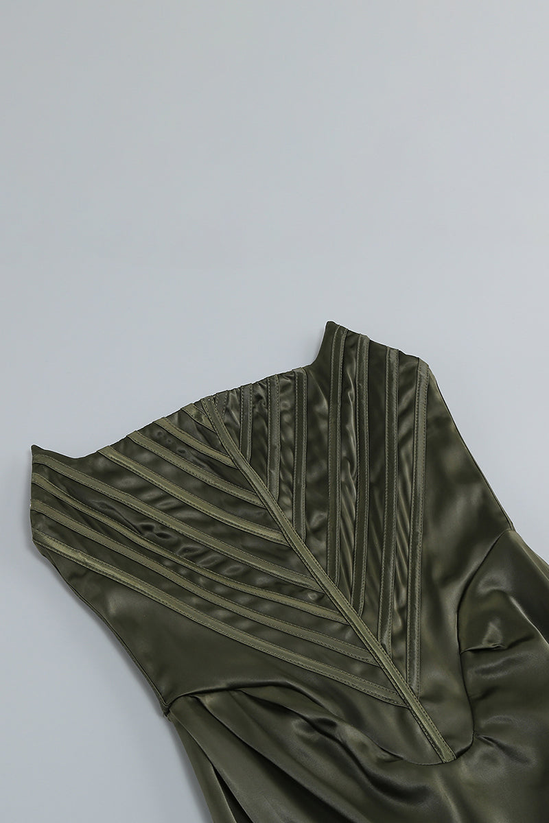 Irregular Neck Seam Corset Strapless High Slit Satin Evening Gown Slim Maxi Dresses