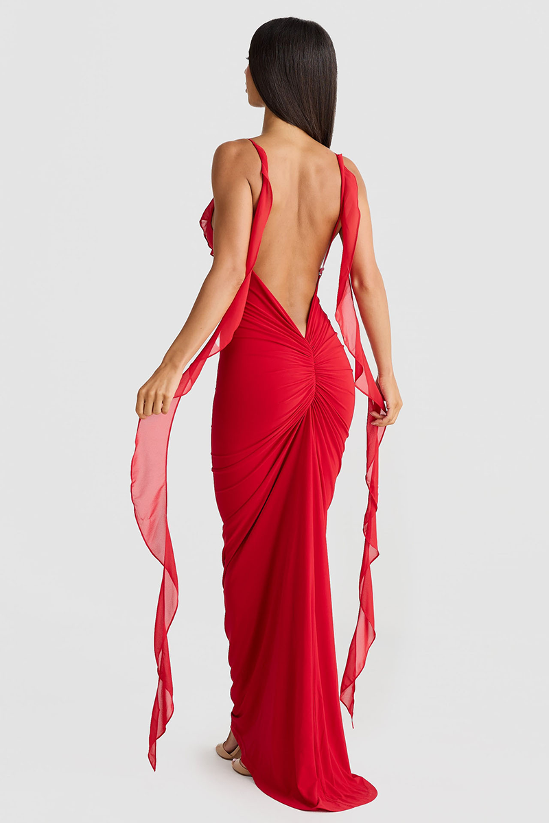 Deep V Neck Backless Bodycon Ruffled Streamer Party Maxi Slip Dresses-Red