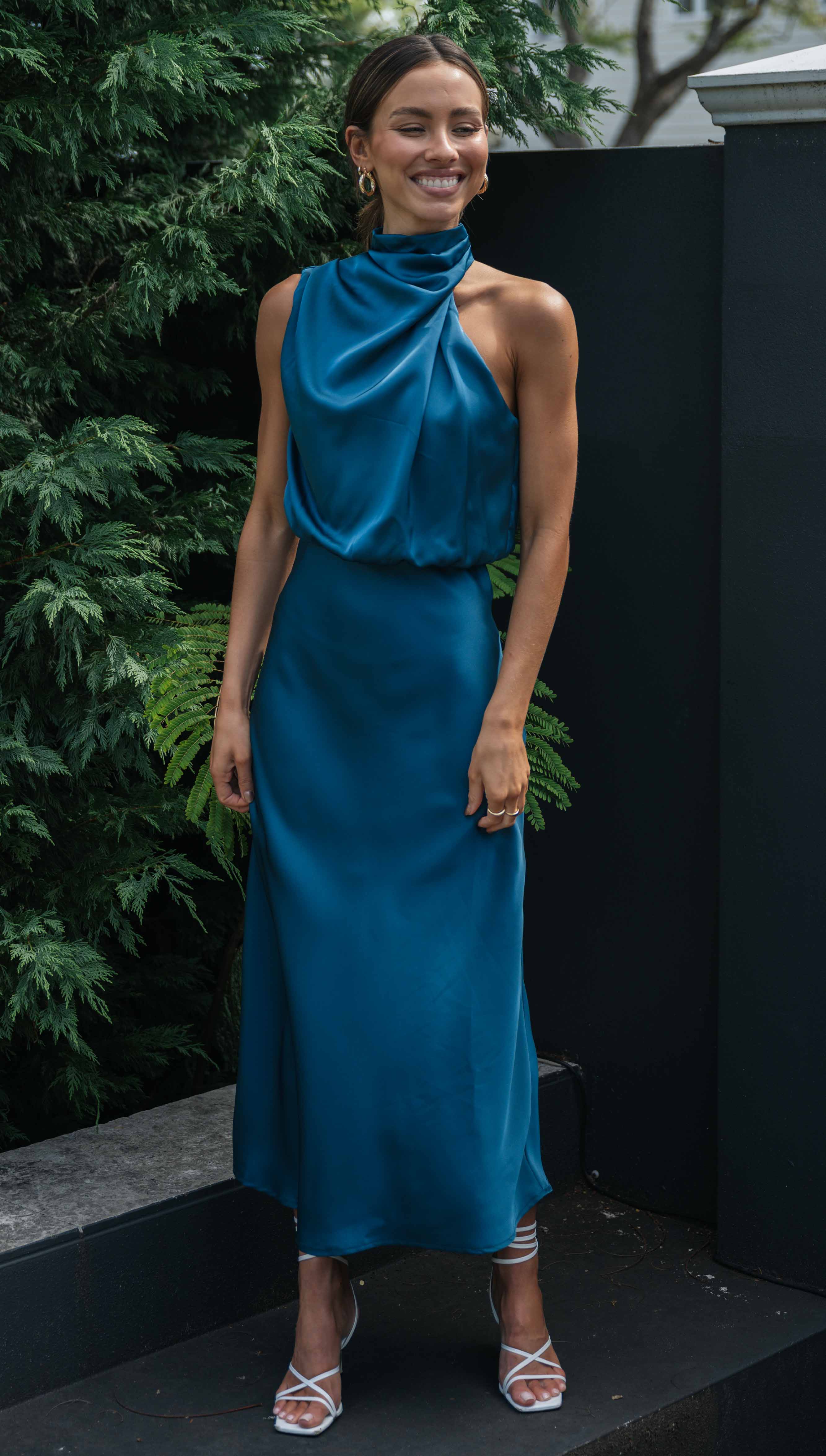 Turtleneck Sleeveless Satin Midi Dresses