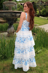 Floral Print Tiered Hem Vacation Sleeveless Maxi Dresses-Blue Pre Order