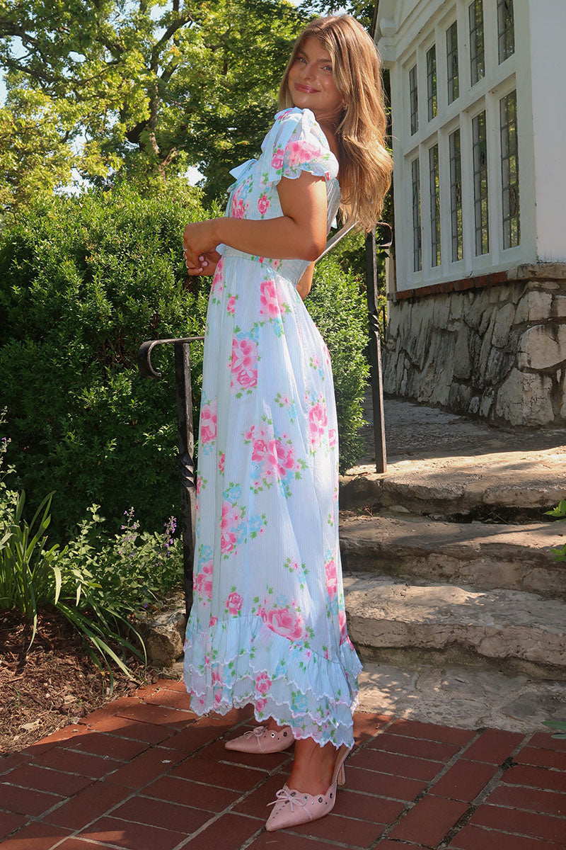 Floral Print Puff Sleeve Ruffle Hem Vacation Maxi Dresses-Blue