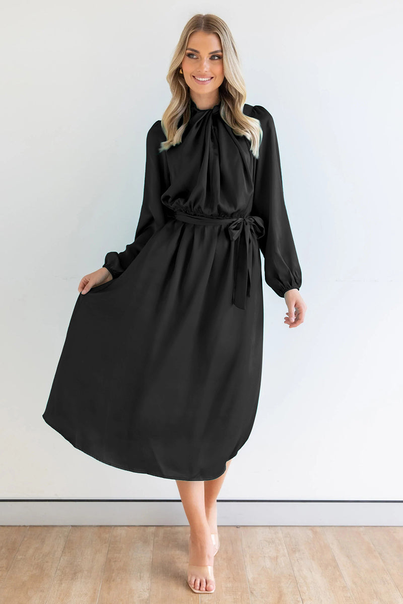 Ruched Knotted Long Sleeve Satin Midi Dresses
