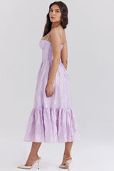 Square Neck Floral Jacquard Lace Up Corset Midi Dresses-Purple