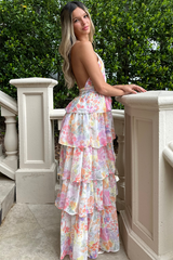 Halter Floral Print Ruffle Tiered Vacation Maxi Dresses-Pink