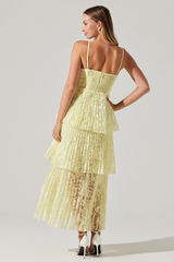 Floral Pattern Tiered Pleated Slit Hem Midi Slip Dresses-Yellow