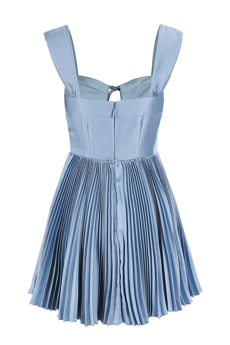 Tied Up Pleated Sweetheart Neck A-Line Mini Cami Dresses-Blue Pre Order