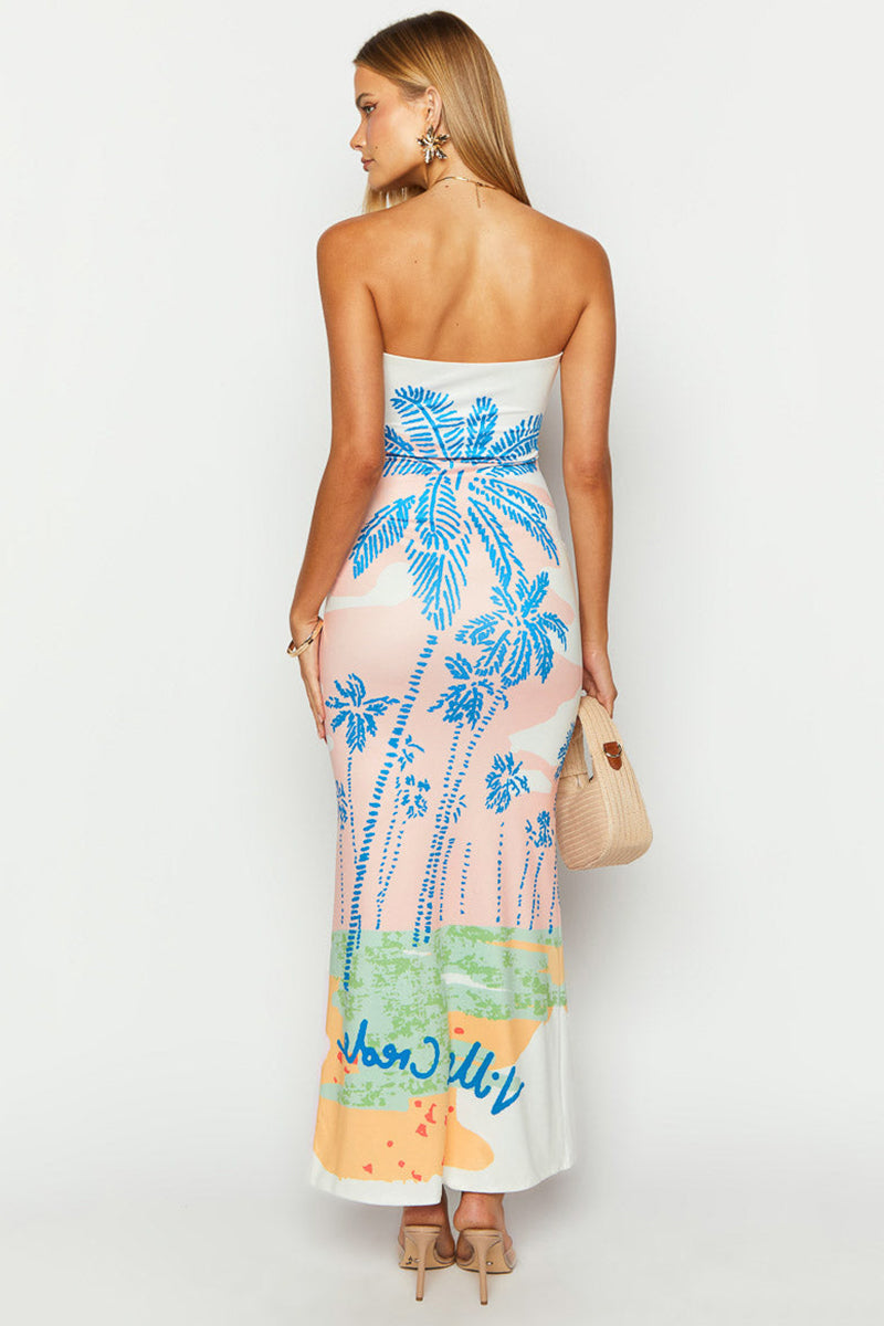 Palm Print Strapless Bodycon Vacation Maxi Dresses-Pink