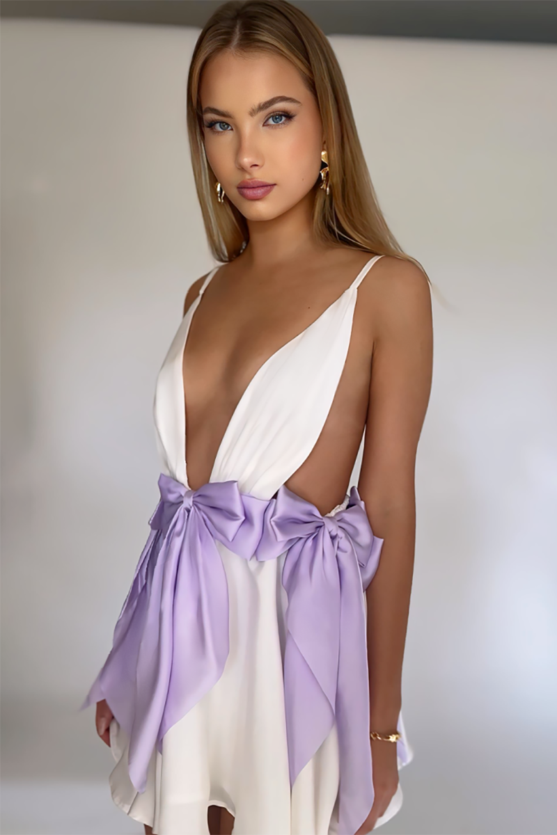 Deep V Neck Colorblock Bow Decor Backless Mini Slip Dresses-White