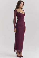 Lace Trim Corset Long Sleeve Bodycon Back Slit Maxi Dresses-Burgundy