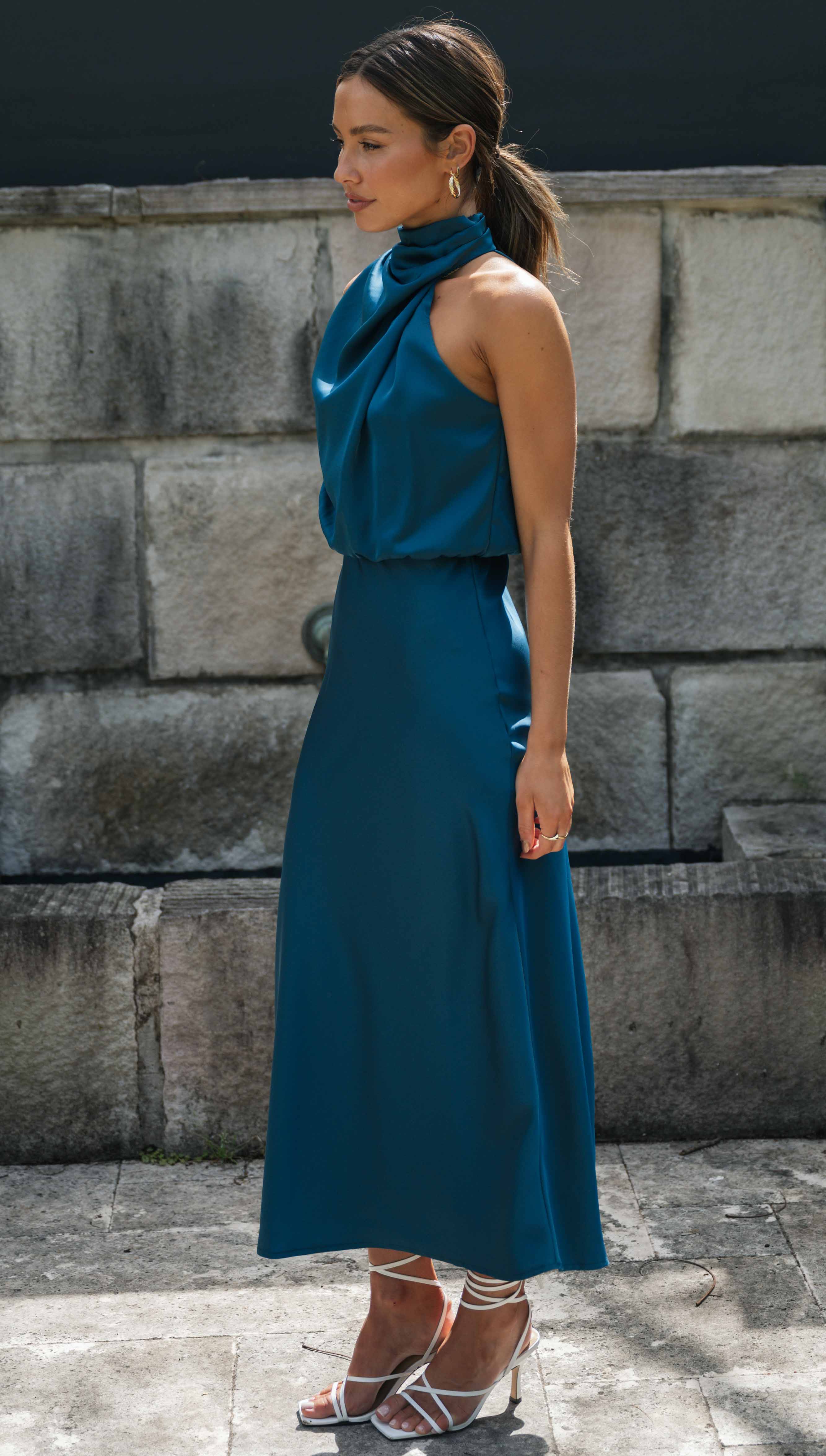 Turtleneck Sleeveless Satin Midi Dresses