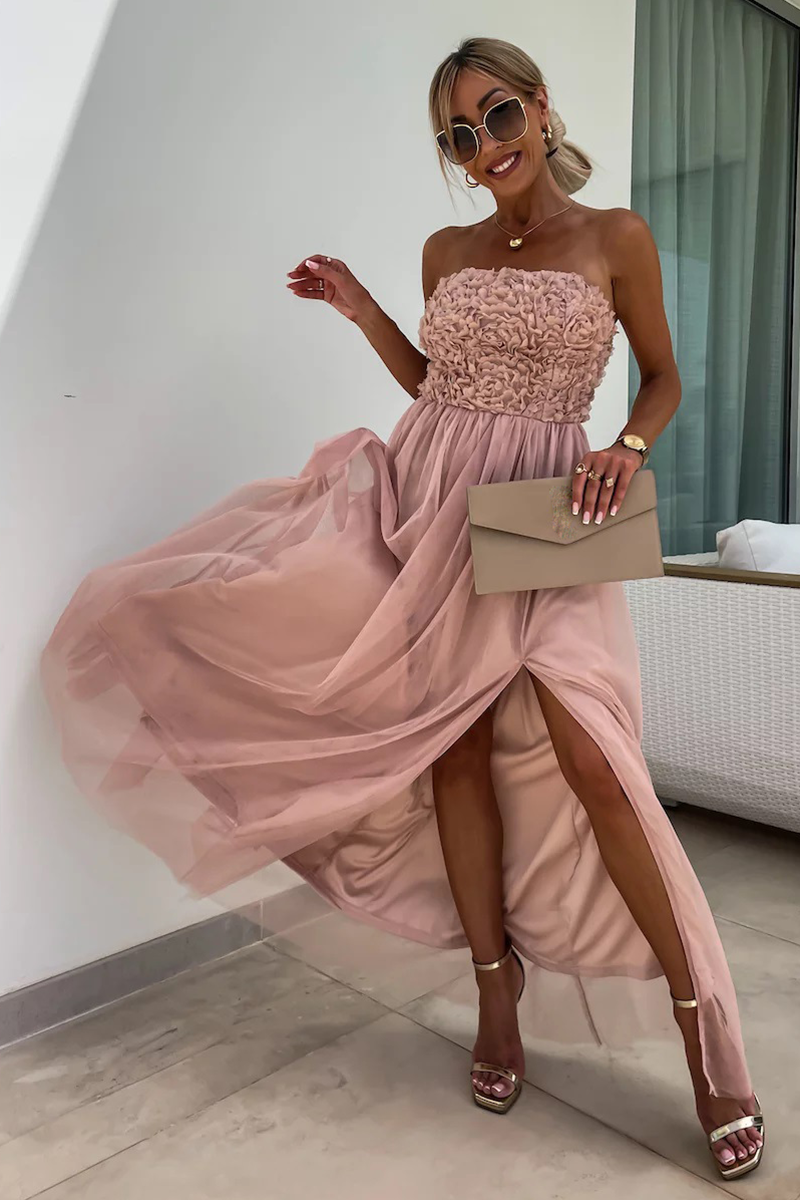 Floral Textured Pattern Strapless A-Line Slit Flowy Maxi Dresses-White