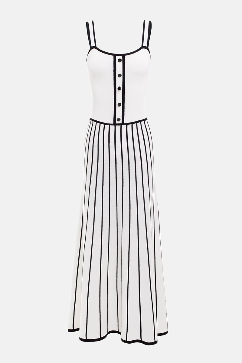 Knit Colorblock Trim Striped A-Line Slip Maxi Dresses-White