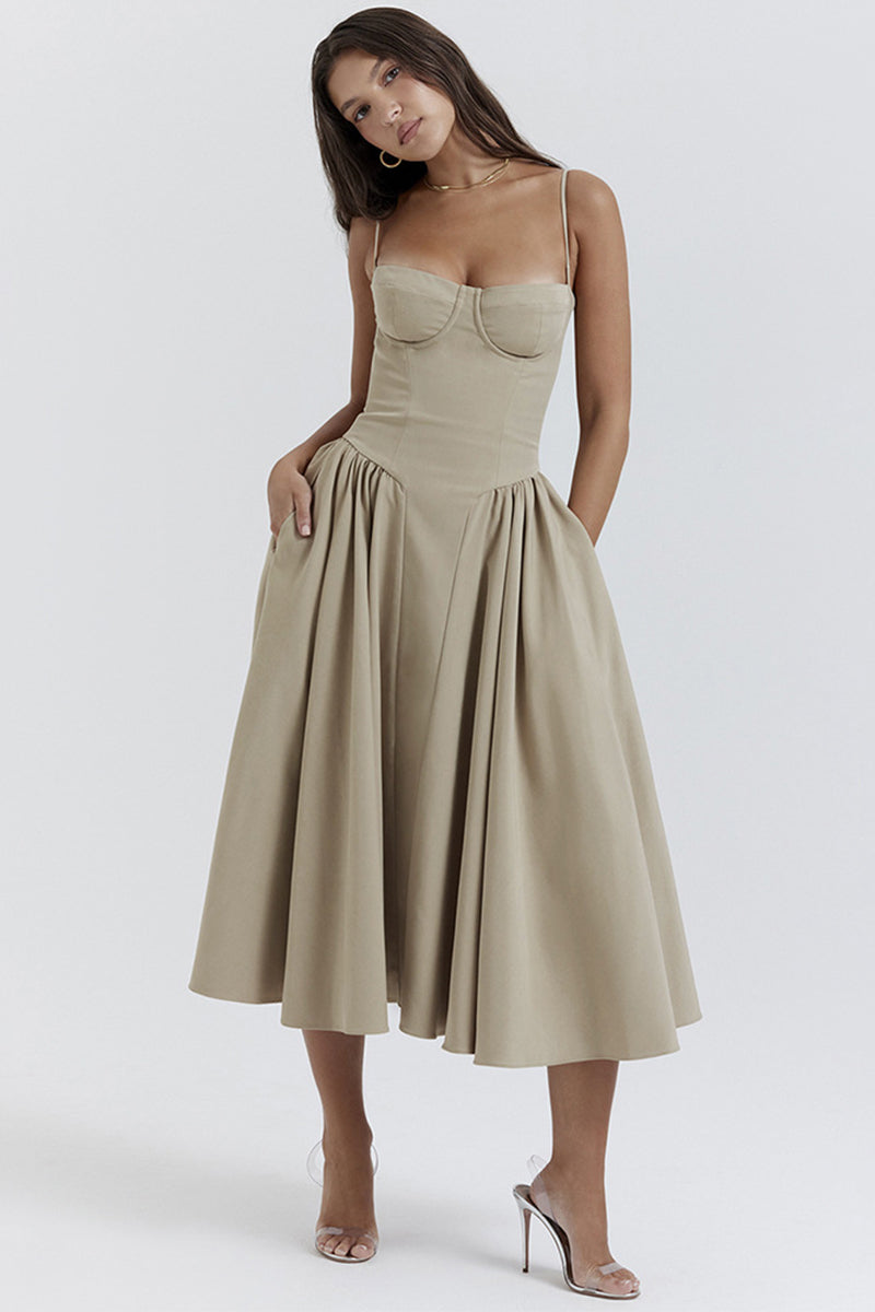 Elegant Cinch Waist Pleated Formal Party Slip Midi Dresses-Beige