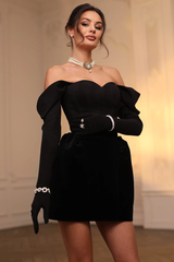 Off Shoulder Long Sleeve Velvet Formal Party Mini Dresses-Black