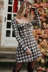 Long Sleeve Square Neck Lace Up Plaid Print Mini Dresses-Red