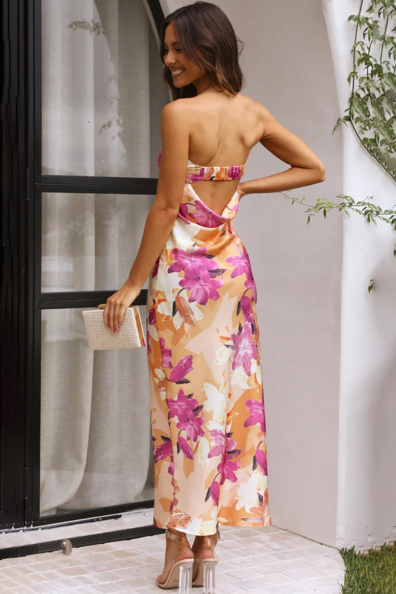Floral Print Strapless Cut Out Flowy Satin Vacation Maxi Dresses