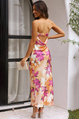 Floral Print Strapless Cut Out Flowy Satin Vacation Maxi Dresses