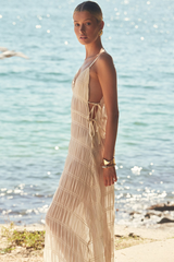 Deep V Neck Tiered Ruched Flowy Maxi Slip Dresses-Beige Pre Order