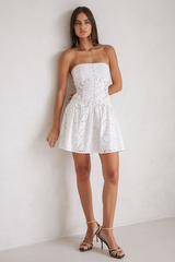 Floral Pattern Hollow Out Strapless Cinch Waist Mini Dresses-White Pre Order