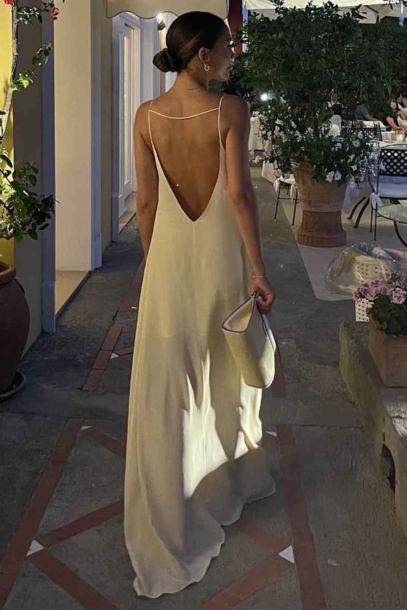Cutout Spaghetti Strap Open Back Loose Fit Sleeveless Maxi Dresses-Beige