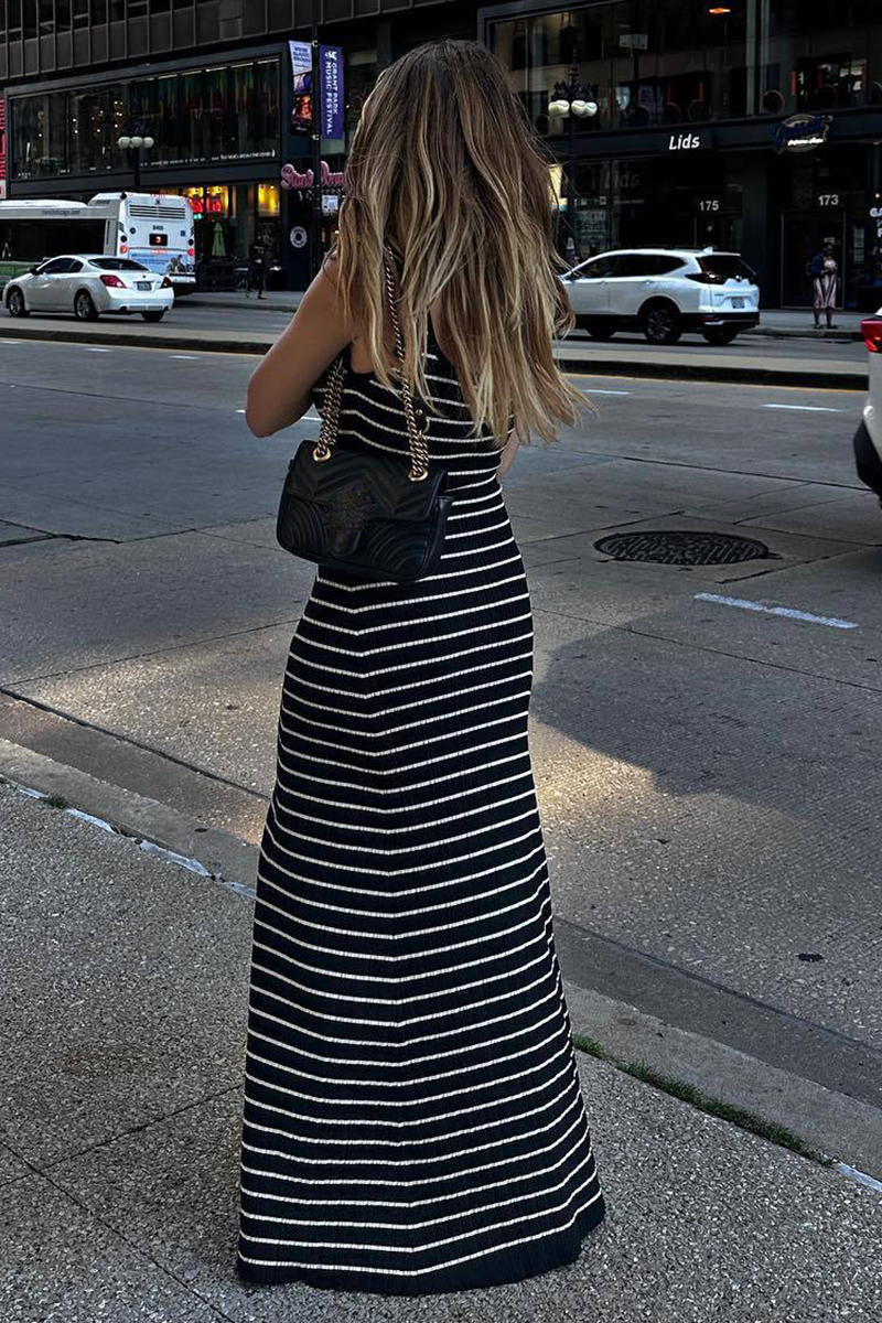 U Neck Striped Pattern Slim Fit Knit Maxi Tank Dresses-Beige