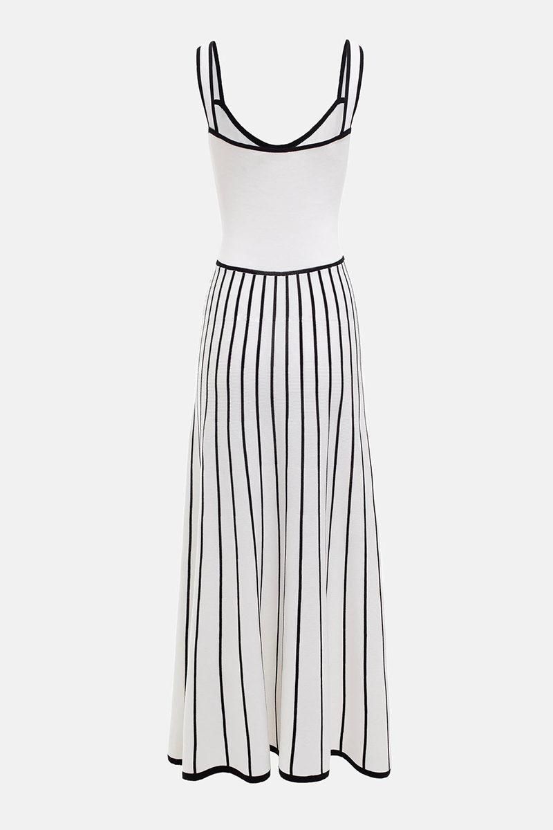 Knit Colorblock Trim Striped A-Line Slip Maxi Dresses-White
