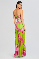 Floral Print Slim Fit High Slit Vacation Maxi Tube Dresses-Green