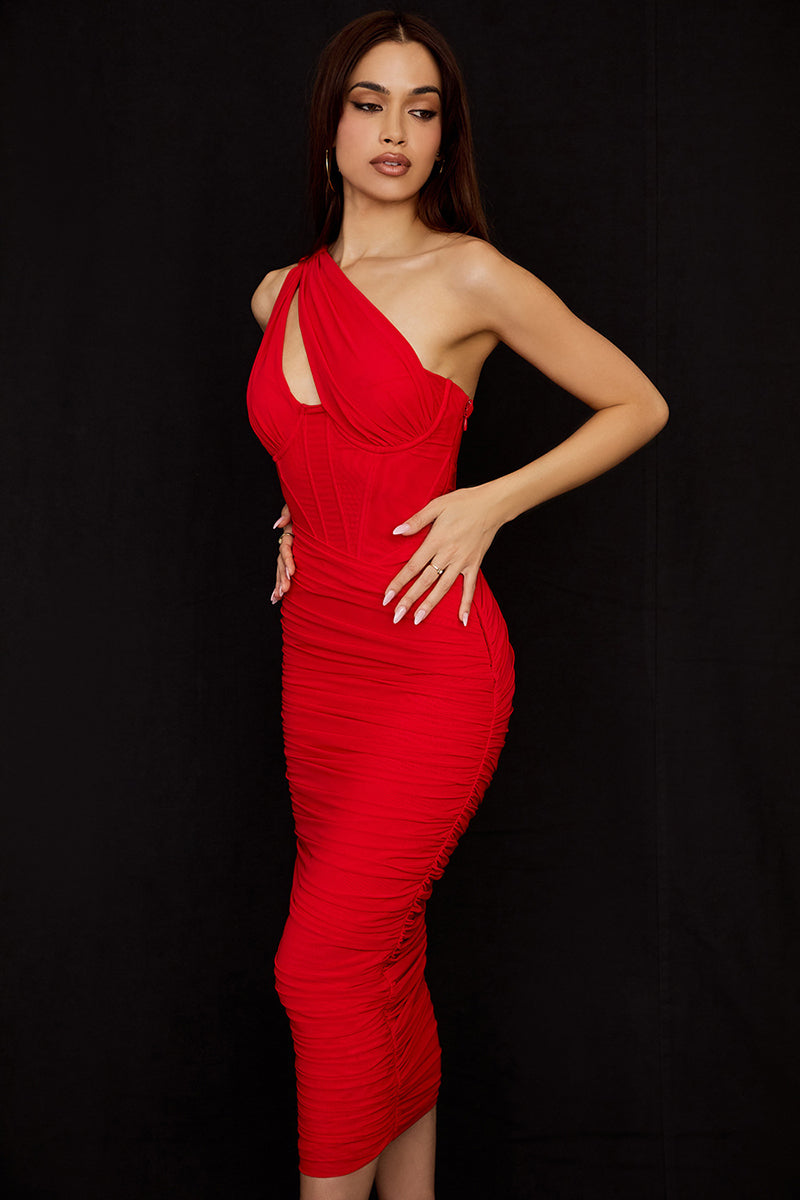 One Shoulder Front Cut Out Corset Ruched Party Midi Dresses
