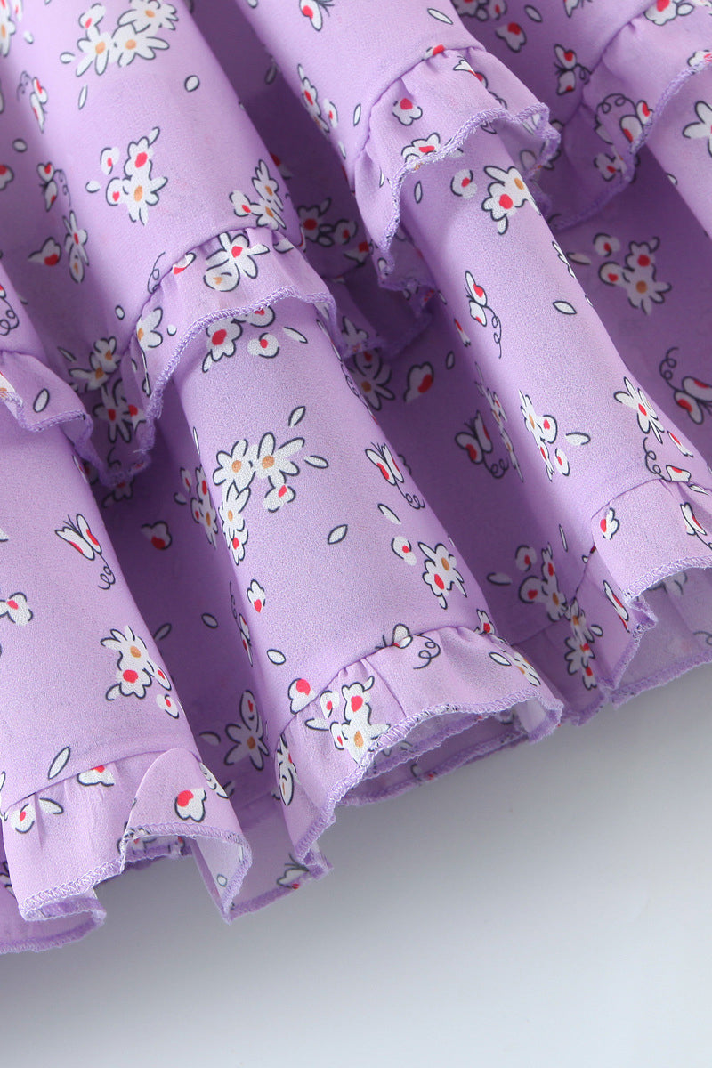 Floral Print Button Ruffle Vacation Sleeveless A-Line Mini Dresses-Purple