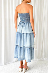 Boat Neck A-Line Side Slit Denim Distressed Midi Tube Dresses-Blue