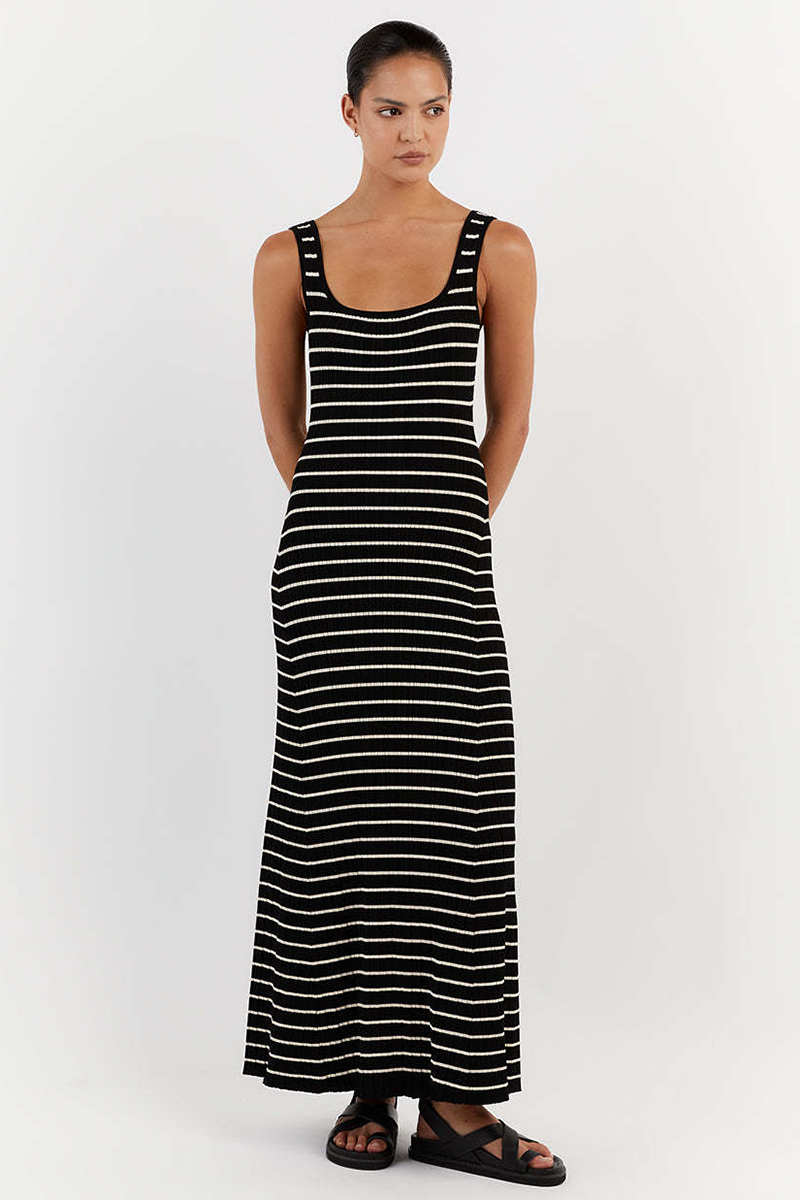 U Neck Striped Pattern Slim Fit Knit Maxi Tank Dresses-Beige