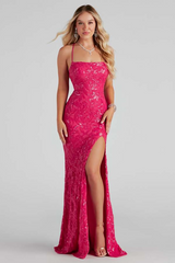 Sequin Pattern High Slit Lace Up Backless Party Gowns Maxi Slip Dresses-Blue