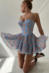 Sweetheart Neck Floral Print A-Line Mini Dresses-Blue Pre Order