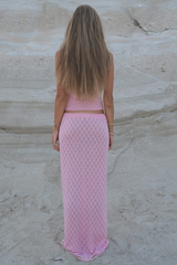 Knit Plaid Pattern One-Shoulder Strap Crop Top Vacation Maxi Skirt Matching Set-Pink