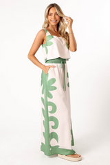 Floral Print Thick Straps Crop Top Wide Leg Pants Matching Set-Green