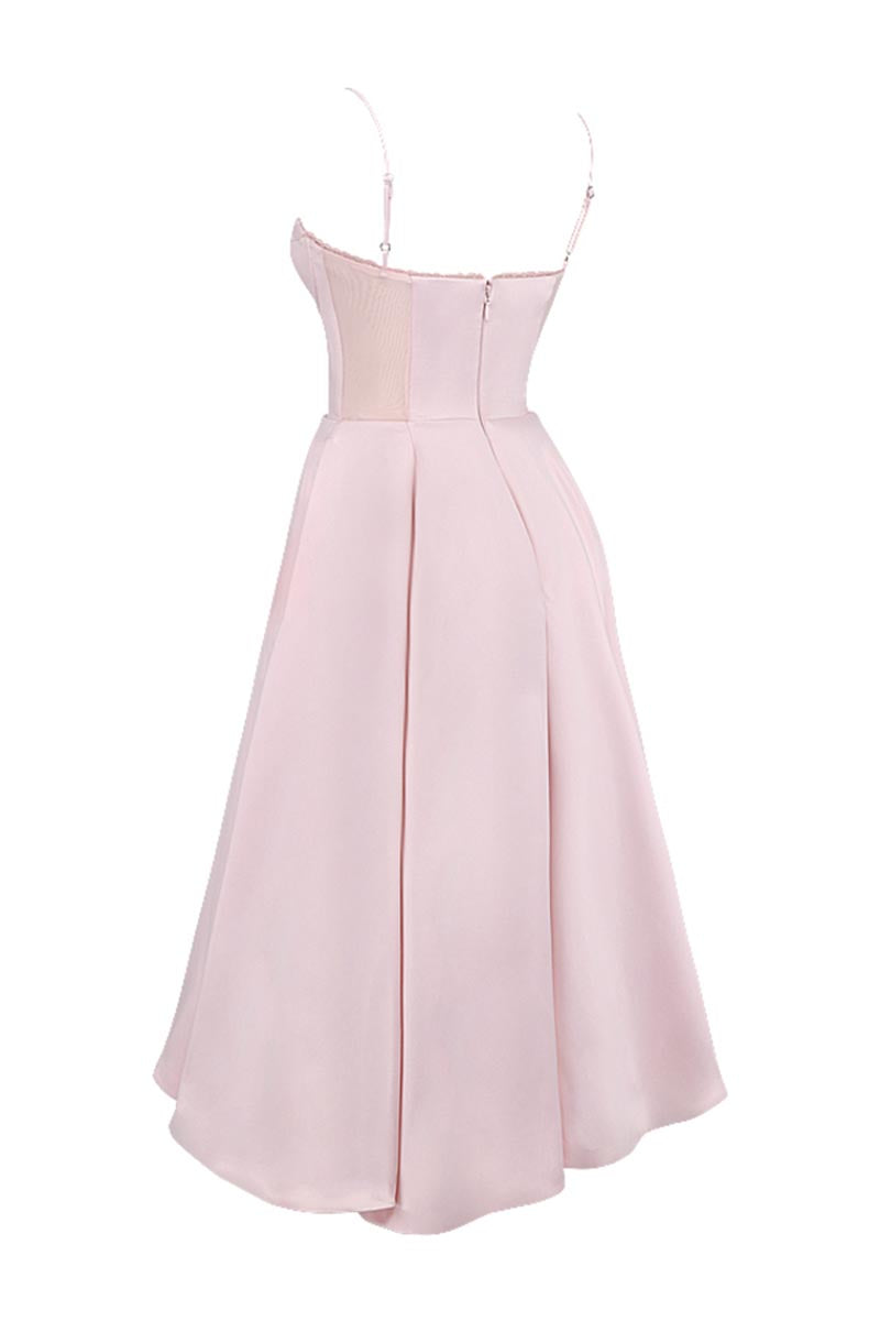 Elegant Cinch Waist Party Bridesmaid Tulle Layered Midi Slip Dresses-Pink