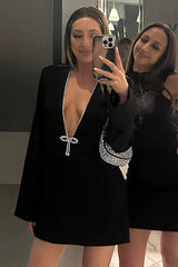 Rhinestone Bow Trim Deep V Neck Long Sleeve Mini Dresses-Black