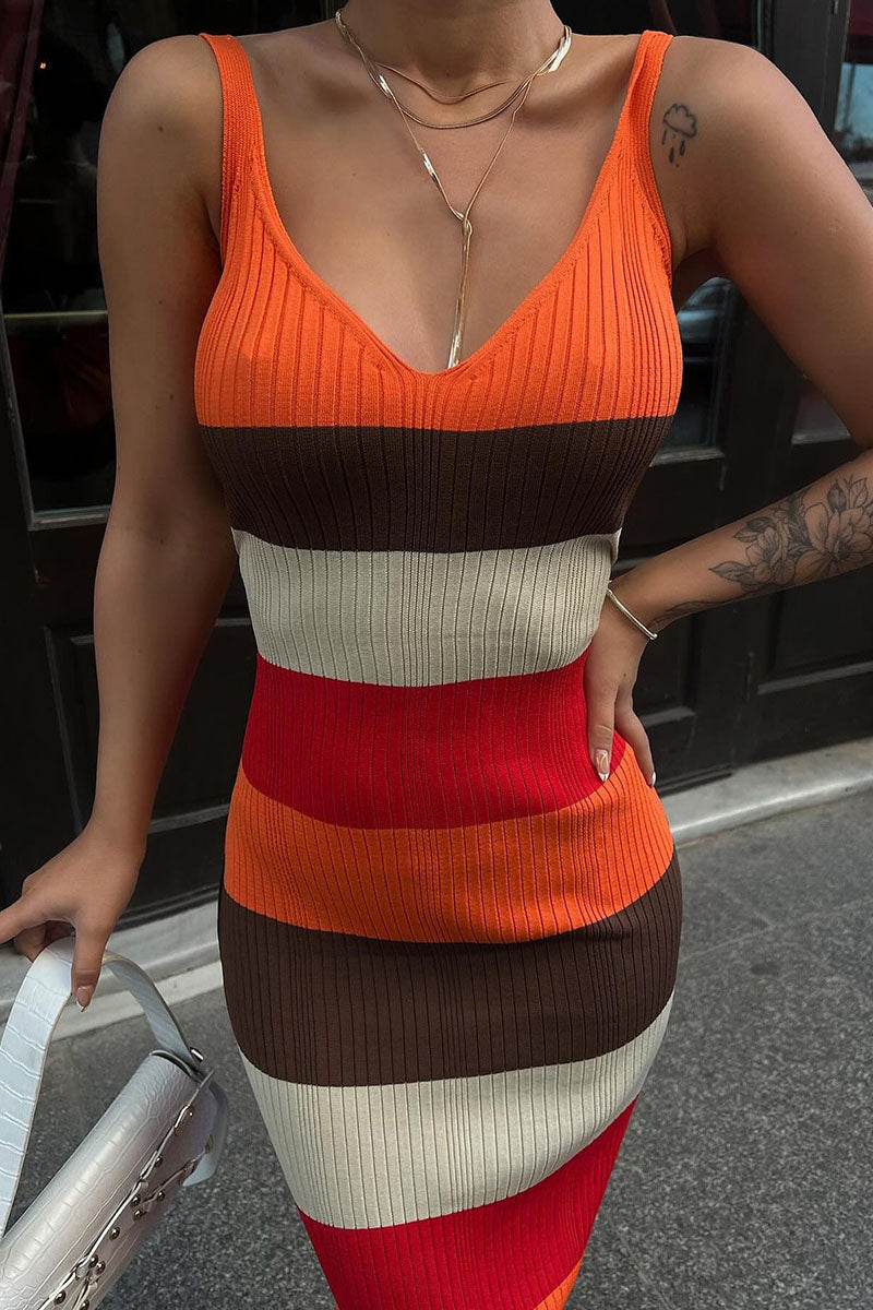 V Neck Colorblock Knit Slim-Fit Sleeveless Maxi Sweater Dresses-Purple