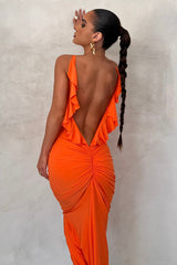 Ruffled Backless Plunge Slip Bodycon Party Maxi Dresses