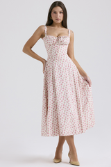Ditsy Floral Print Front Tie Up Cinch Waist Slip Midi Dresses-Pink