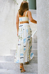 Square Neck Sleeveless Crop Top Wrapped Pleated Print Midi Skirt Matching Set-White