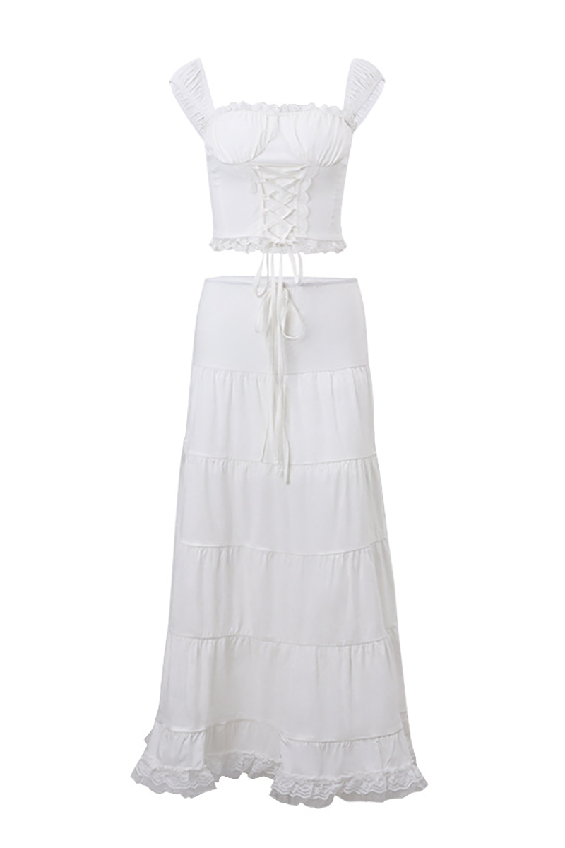 Lace Trim Front Lace Up Wide Strap Crop Top Ruffled Hemline Maxi Skirt Matching Set-White